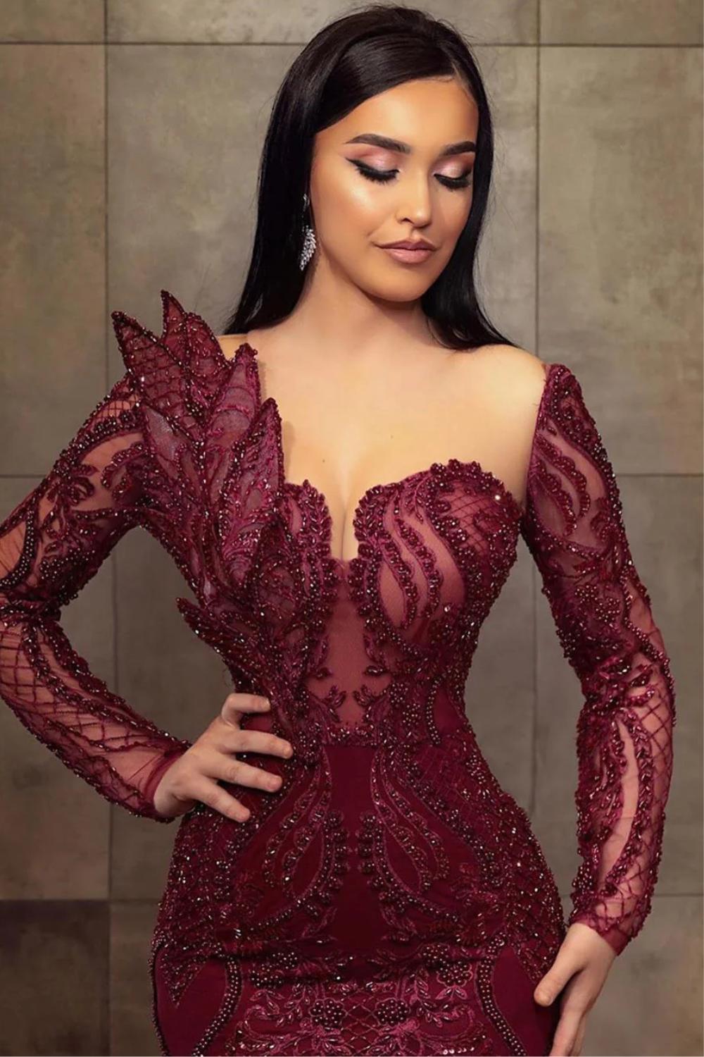 Burgundy Sweetheart Sequin Mermaid Long Evening Dress with Long Sleeves Bodice Detail