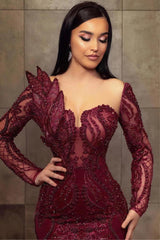 Burgundy Sweetheart Sequin Mermaid Long Evening Dress with Long Sleeves Bodice Detail