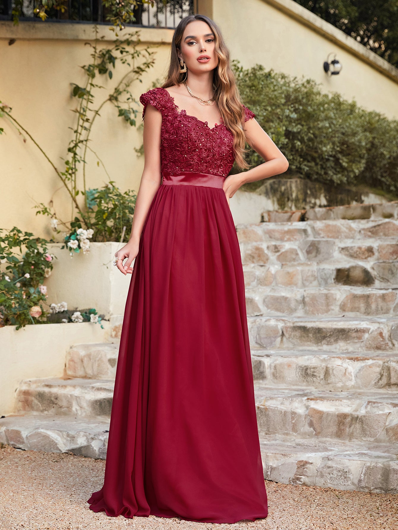 Burgundy V-Neck A-Line Long Bridesmaid Dress with Lace Appliques