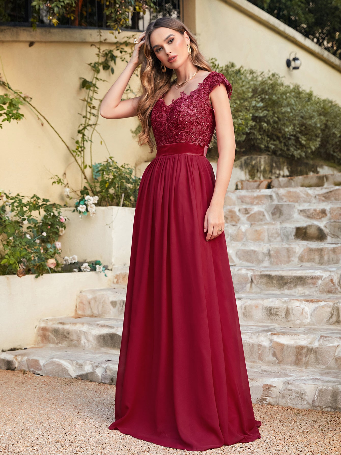 Burgundy V-Neck A-Line Long Bridesmaid Dress with Lace Appliques