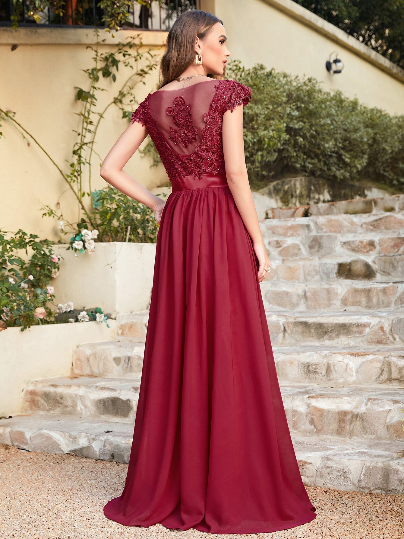 Burgundy V-Neck A-Line Long Bridesmaid Dress with Lace Appliques Back View