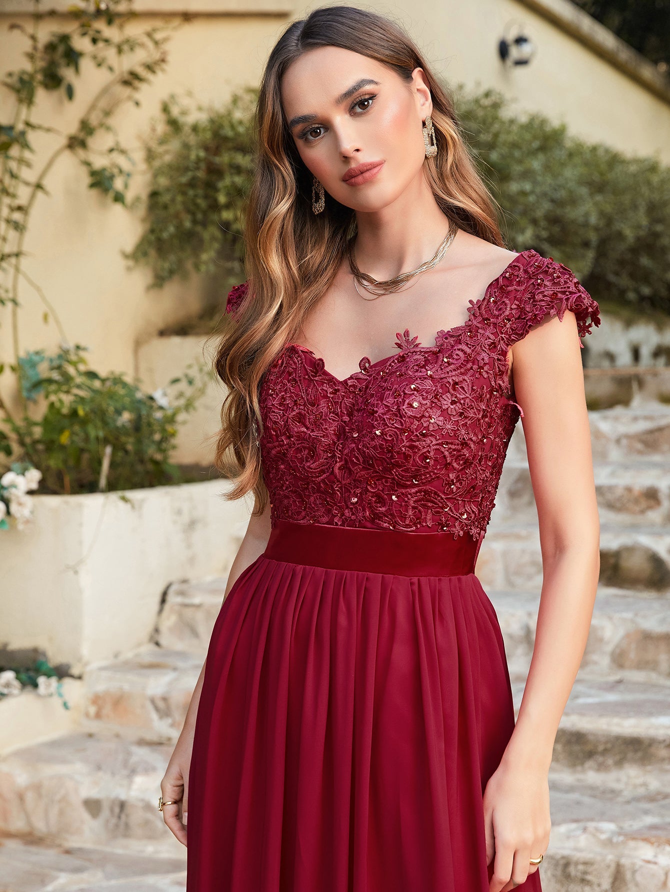Burgundy V-Neck A-Line Long Bridesmaid Dress with Lace Appliques Bodice Detail