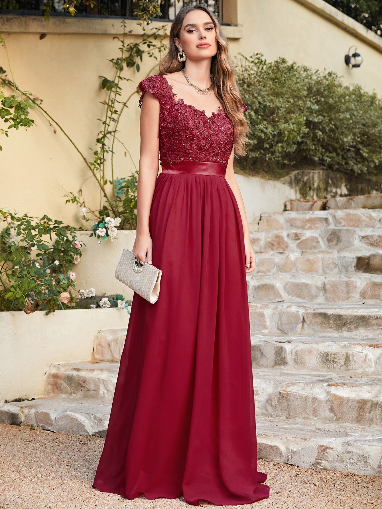 Burgundy V-Neck A-Line Long Bridesmaid Dress with Lace Appliques