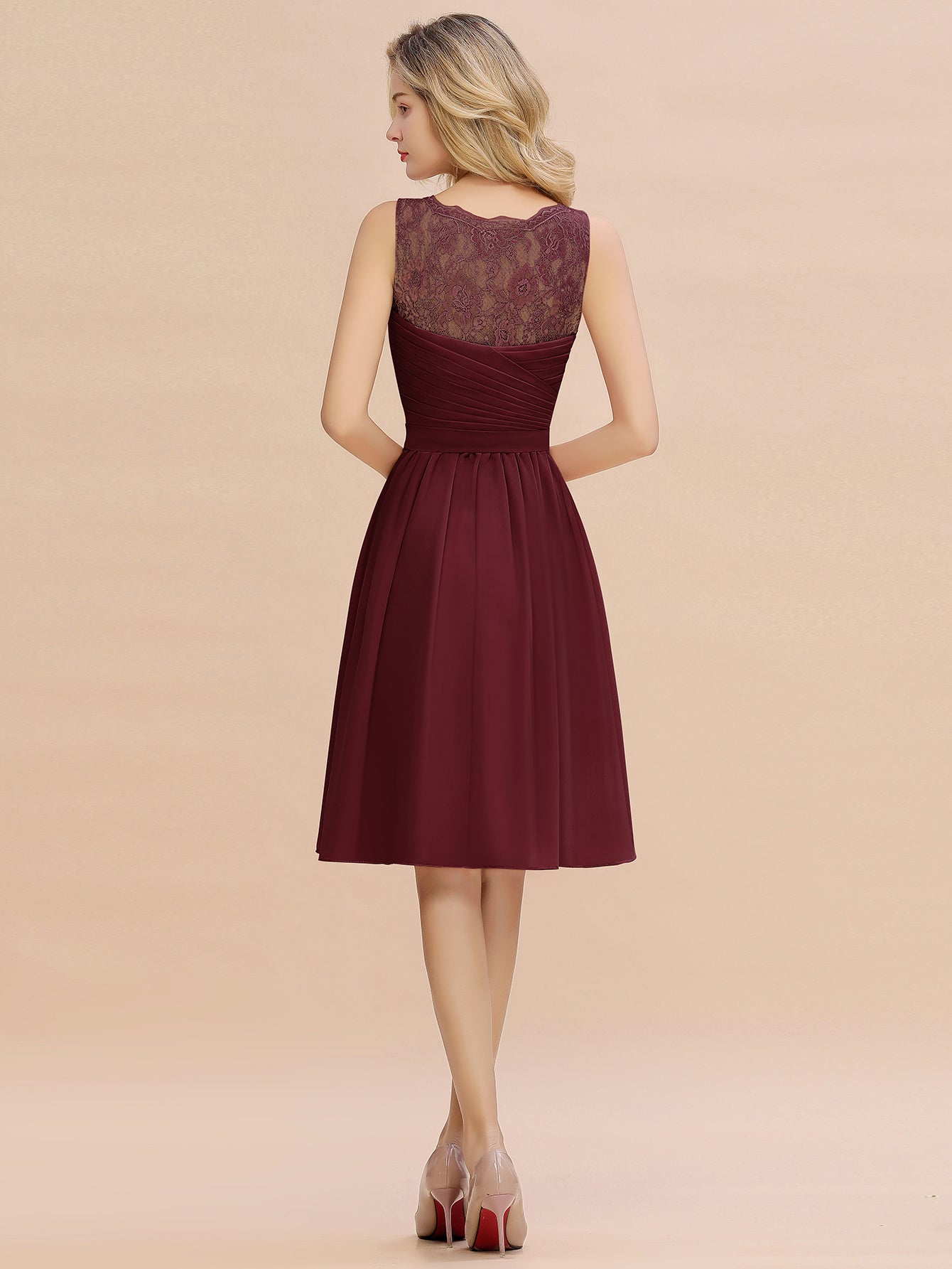 Burgundy V-Neck Chiffon A-Line Bridesmaid Dress with Lace Appliques Back View