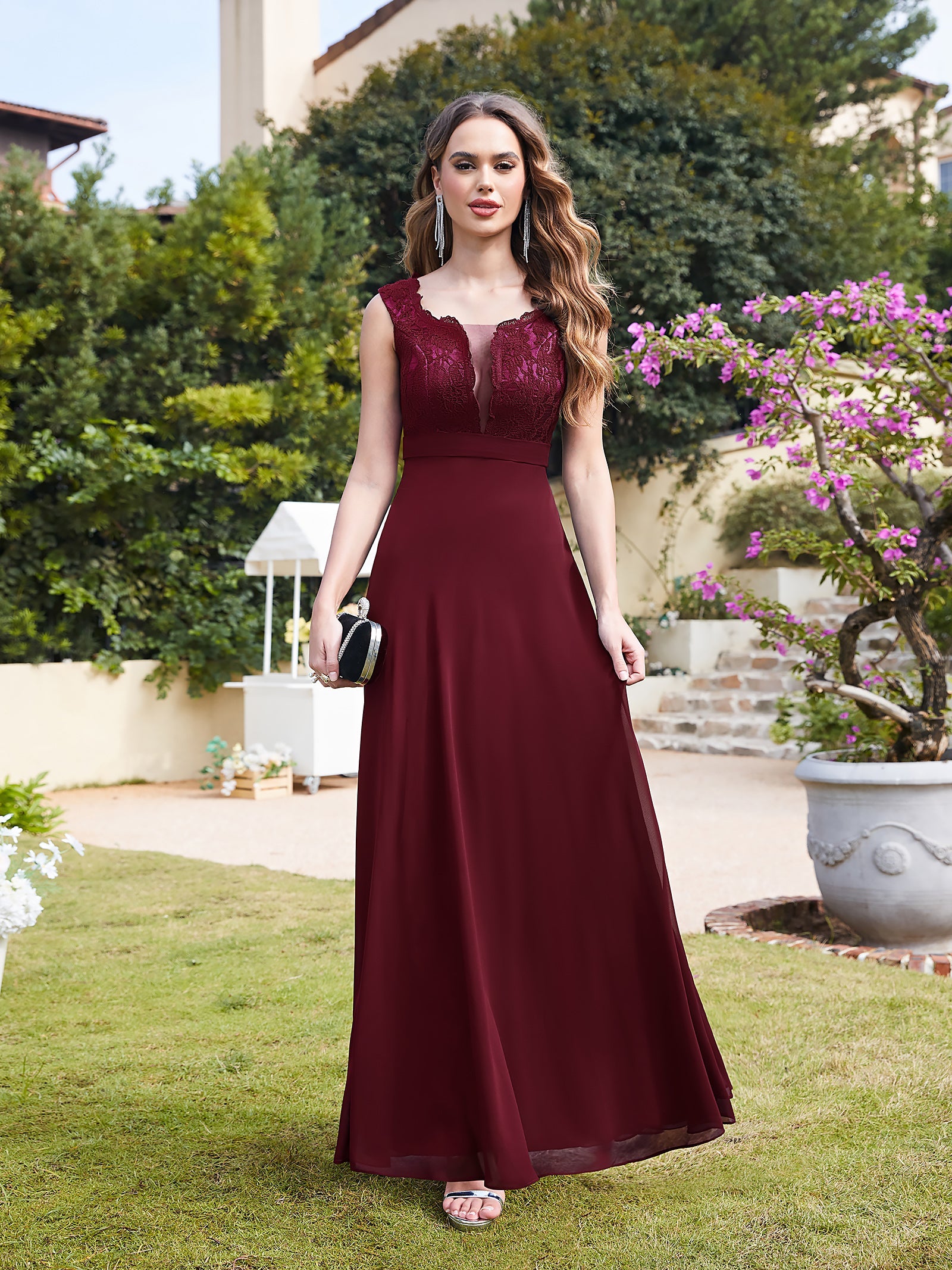 Burgundy V-Neck Chiffon A-Line Long Bridesmaid Dress
