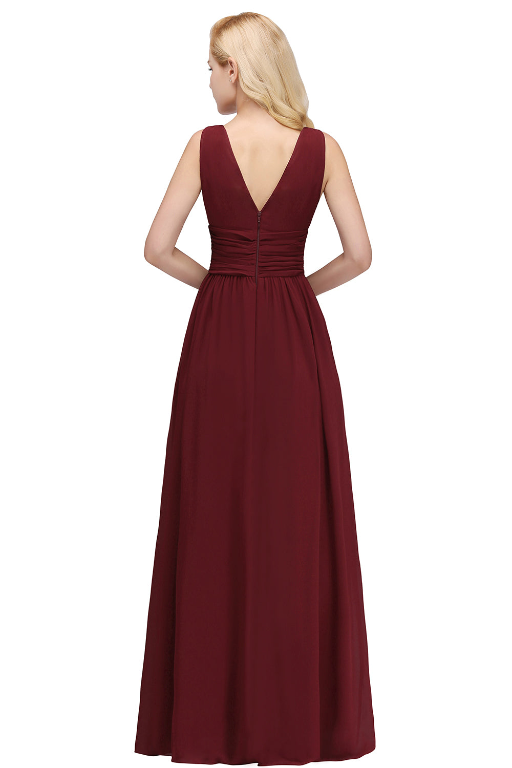 Burgundy V-Neck Chiffon A-Line Long Bridesmaid Dress Back View