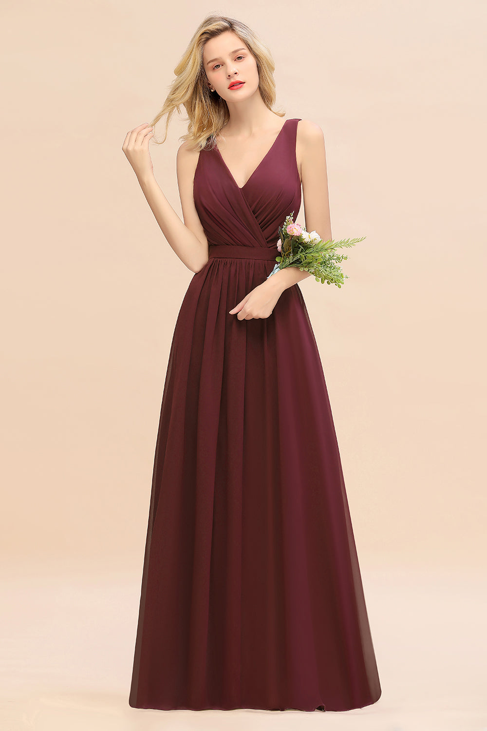 Burgundy V-Neck Chiffon A-Line Long Bridesmaid Dress with Ruching