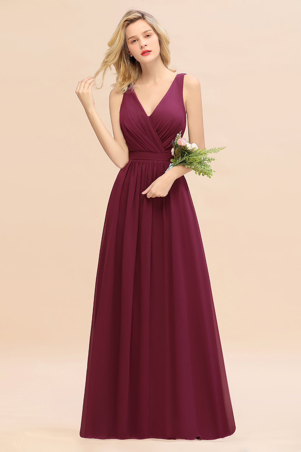 Burgundy V-Neck Chiffon A-Line Long Bridesmaid Dress with Ruching