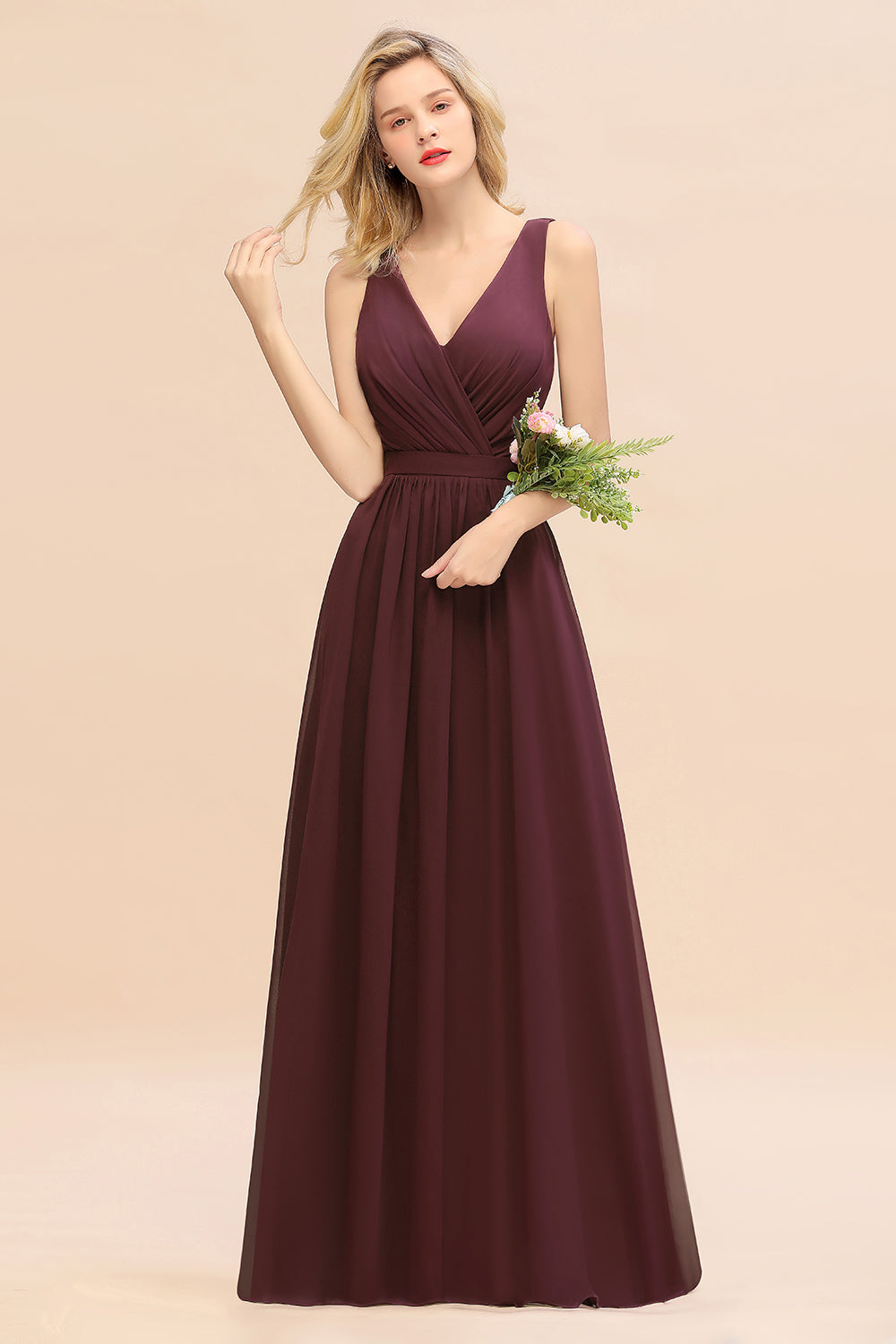 Burgundy V-Neck Chiffon A-Line Long Bridesmaid Dress with Ruching