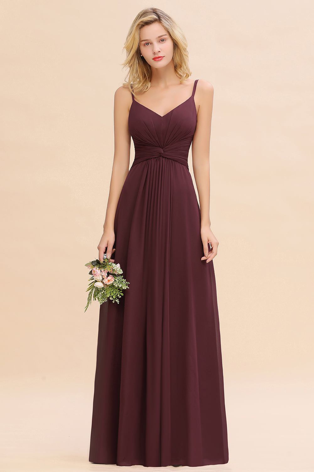 Burgundy V-Neck Chiffon A-Line Long Bridesmaid Dress with Ruching