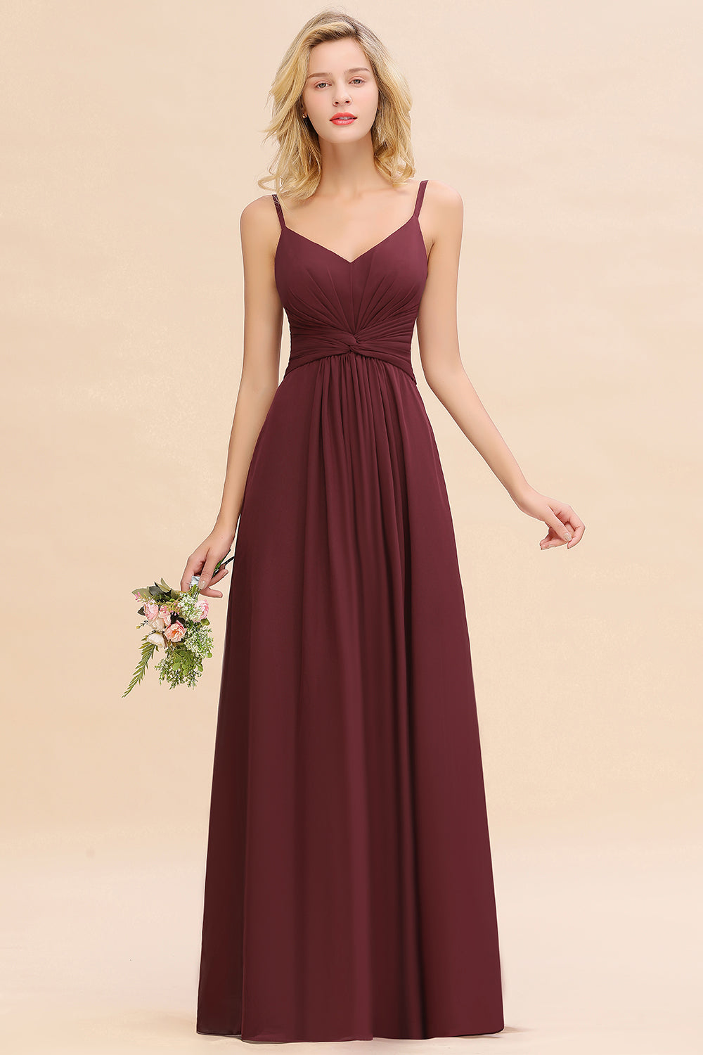 Burgundy V-Neck Chiffon A-Line Long Bridesmaid Dress with Ruching