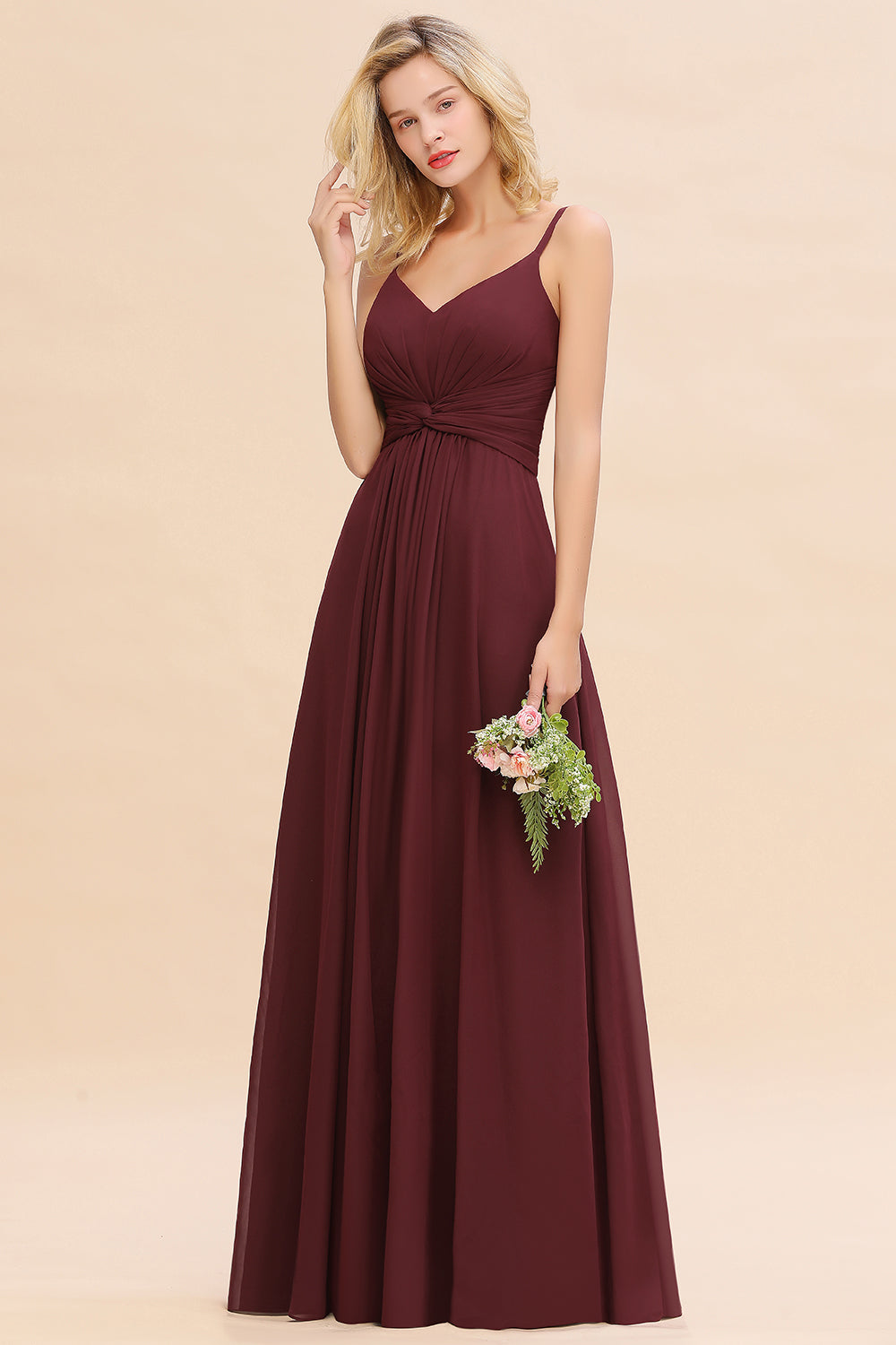 Burgundy V-Neck Chiffon A-Line Long Bridesmaid Dress with Ruching