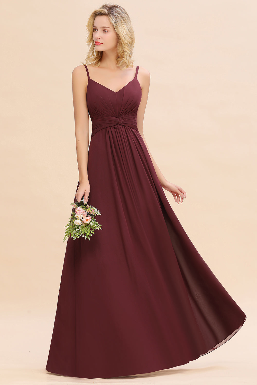 Burgundy V-Neck Chiffon A-Line Long Bridesmaid Dress with Ruching