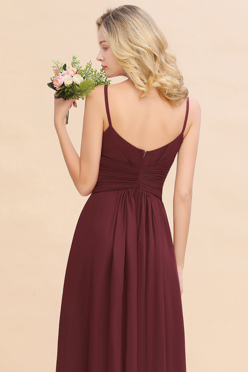 Burgundy V-Neck Chiffon A-Line Long Bridesmaid Dress with Ruching Back Detail