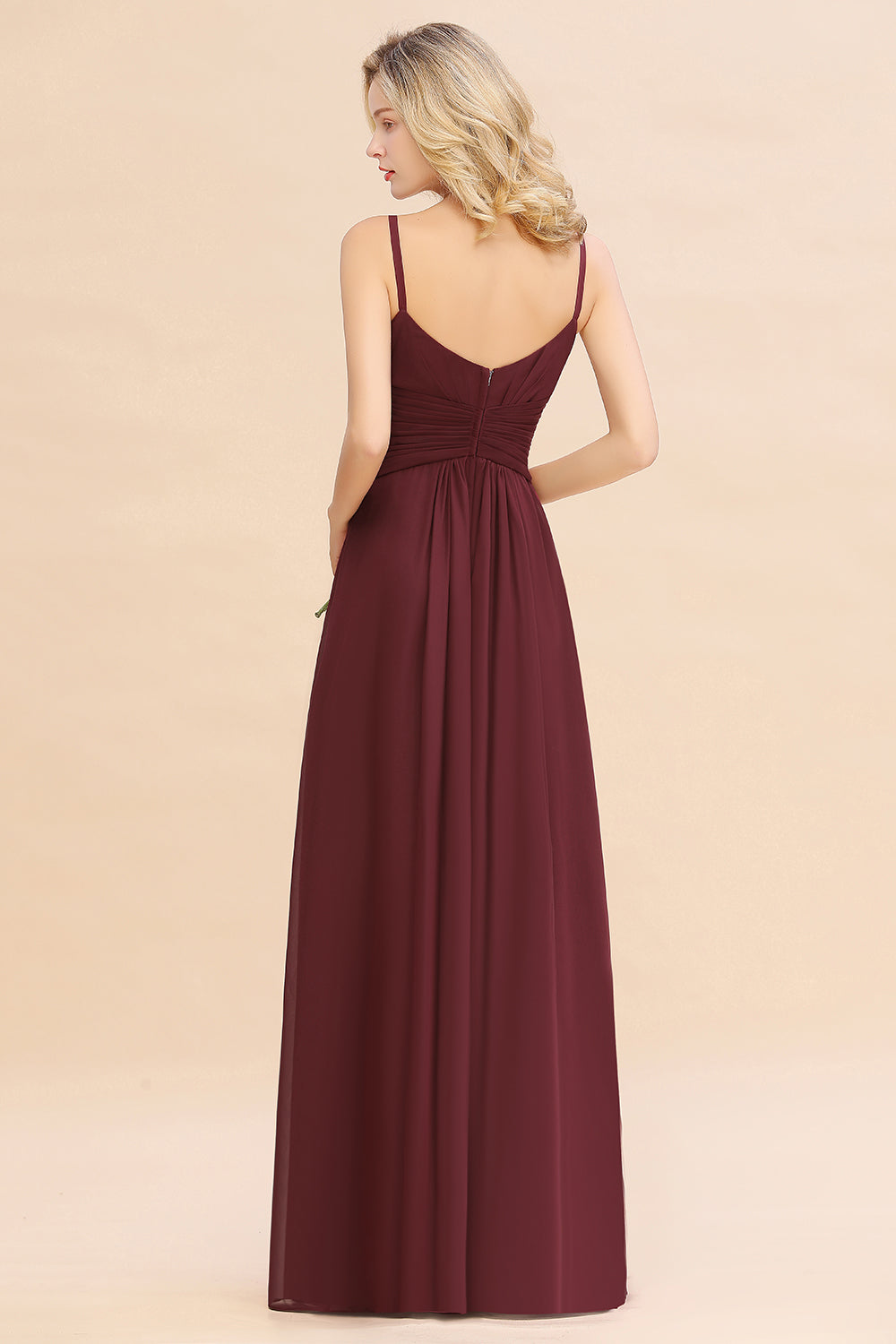 Burgundy V-Neck Chiffon A-Line Long Bridesmaid Dress with Ruching Back View