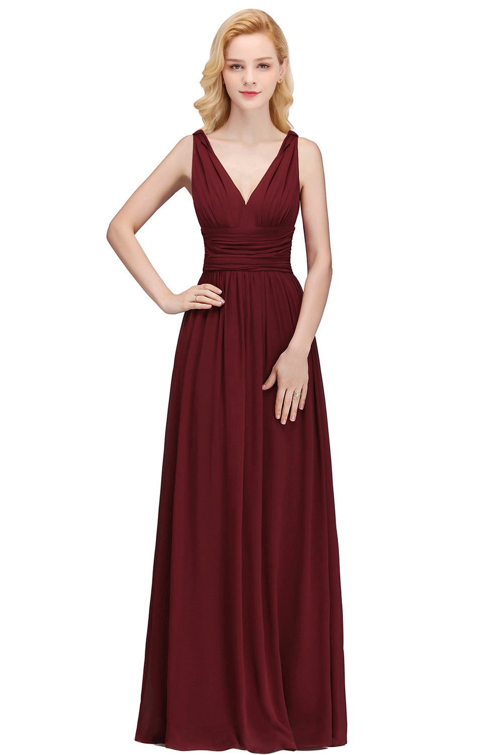 Burgundy V-Neck Chiffon A-Line Long Bridesmaid Dress