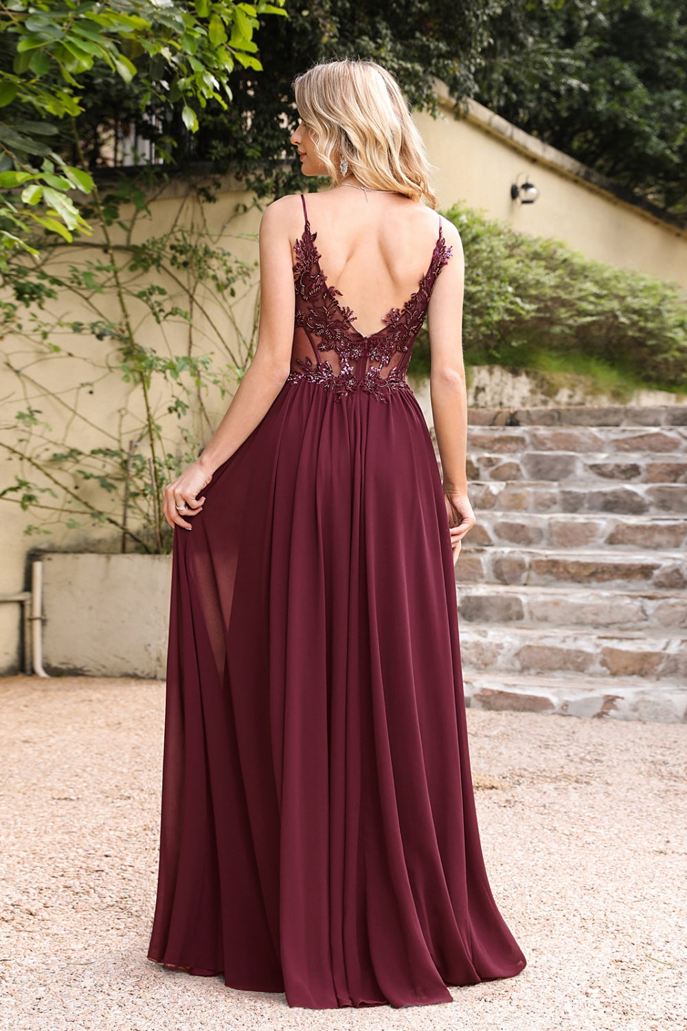 Burgundy V-Neck Chiffon A-Line Long Prom Dress with Lace Appliques Back View