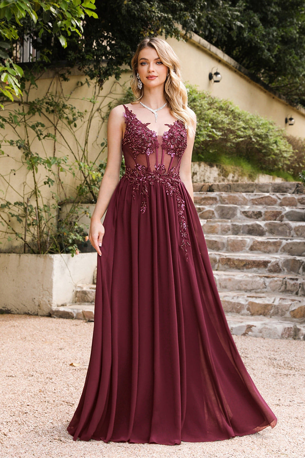 Burgundy V-Neck Chiffon A-Line Long Prom Dress with Lace Appliques