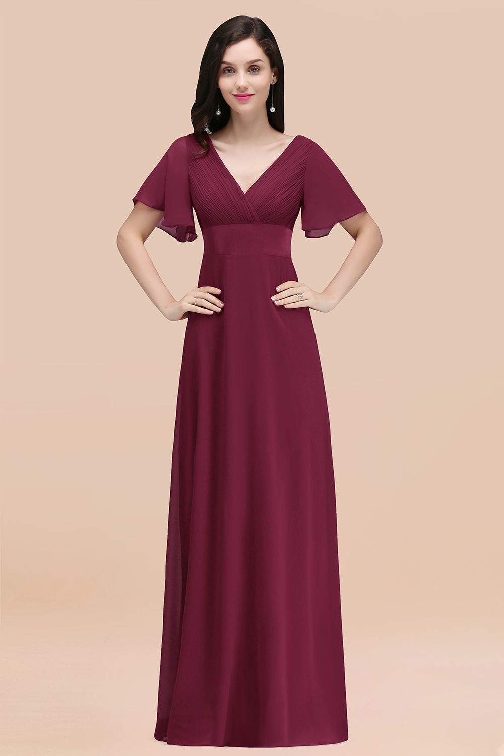 Burgundy V-Neck Chiffon Empire Long Bridesmaid Dress with Pleats