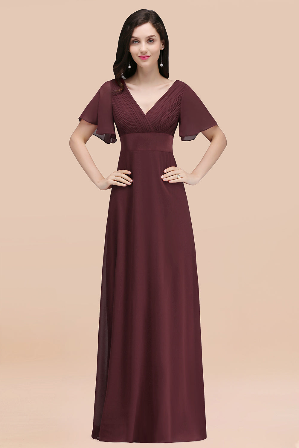 Burgundy V-Neck Chiffon Empire Long Bridesmaid Dress with Pleats