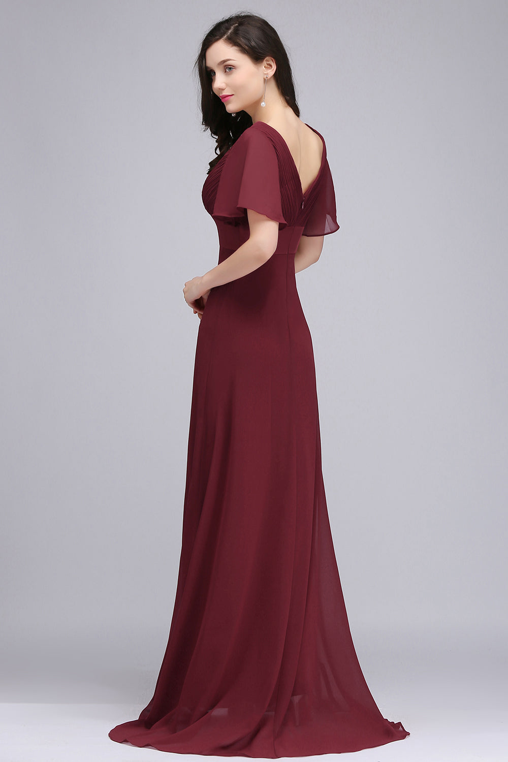 Burgundy V-Neck Chiffon Empire Long Bridesmaid Dress with Pleats Back View