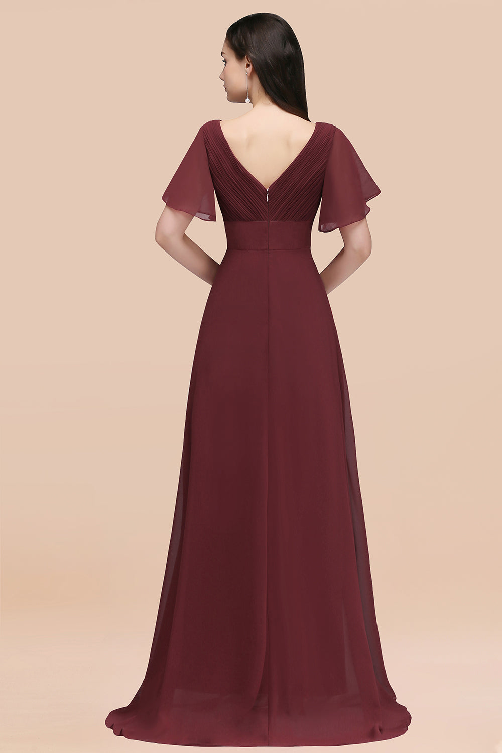 Burgundy V-Neck Chiffon Empire Long Bridesmaid Dress with Pleats Back View