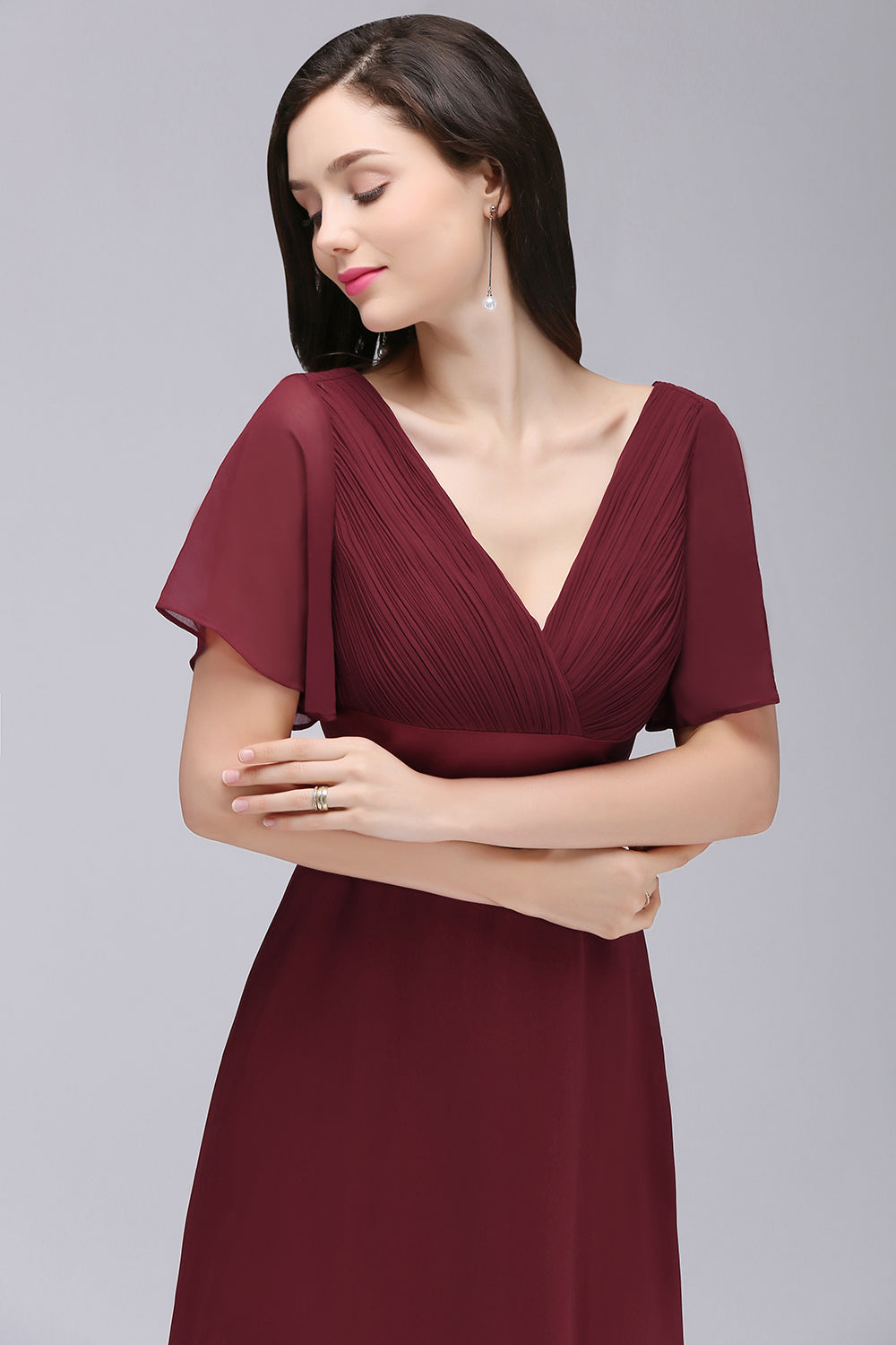 Burgundy V-Neck Chiffon Empire Long Bridesmaid Dress with Pleats Bodice Detail