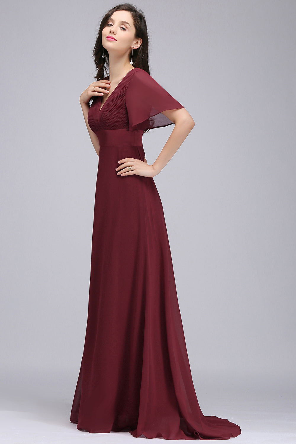 Burgundy V-Neck Chiffon Empire Long Bridesmaid Dress with Pleats Side View