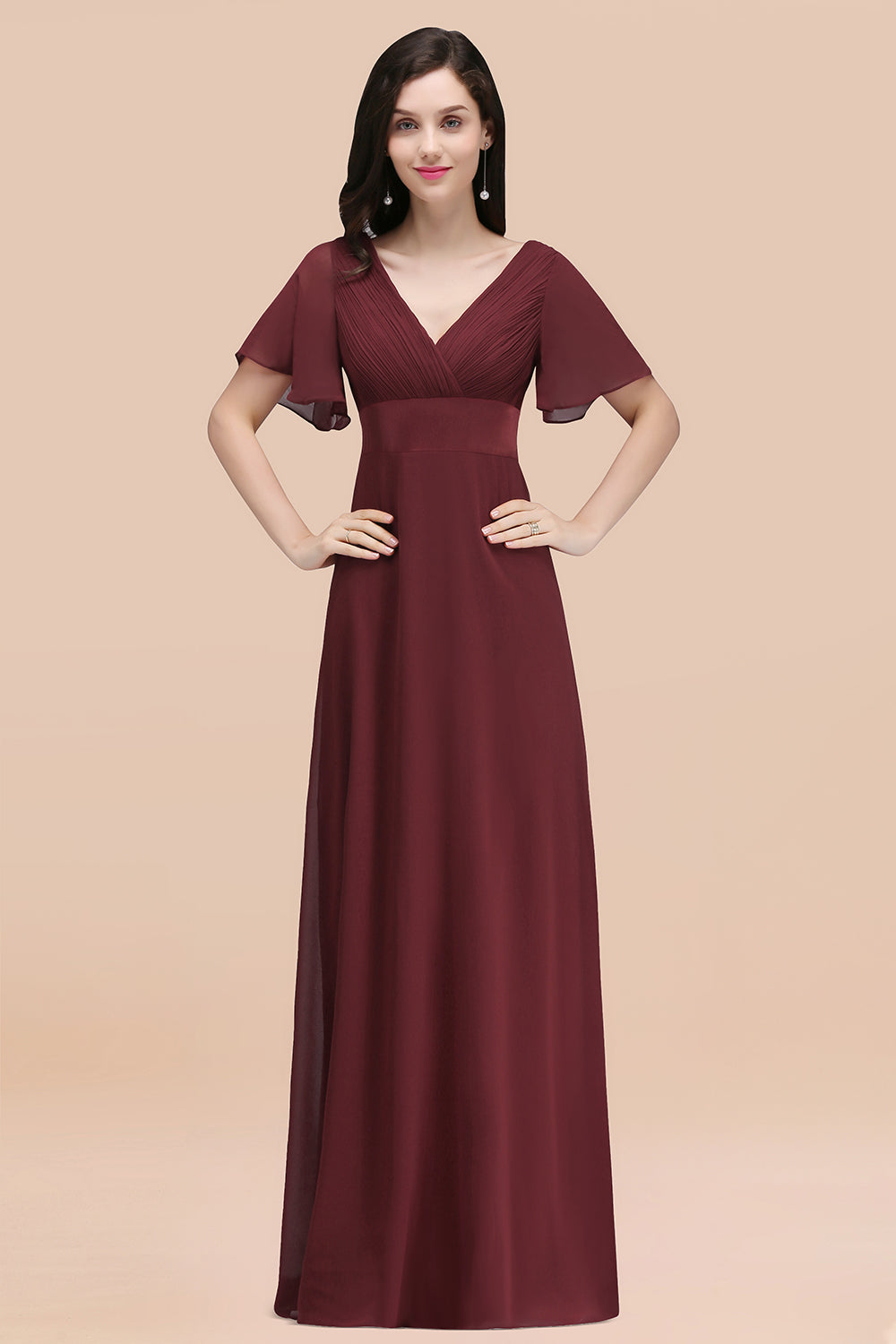 Burgundy V-Neck Chiffon Empire Long Bridesmaid Dress with Pleats