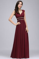 Burgundy V-Neck Chiffon Empire Long Bridesmaid Dress with Rhinestones