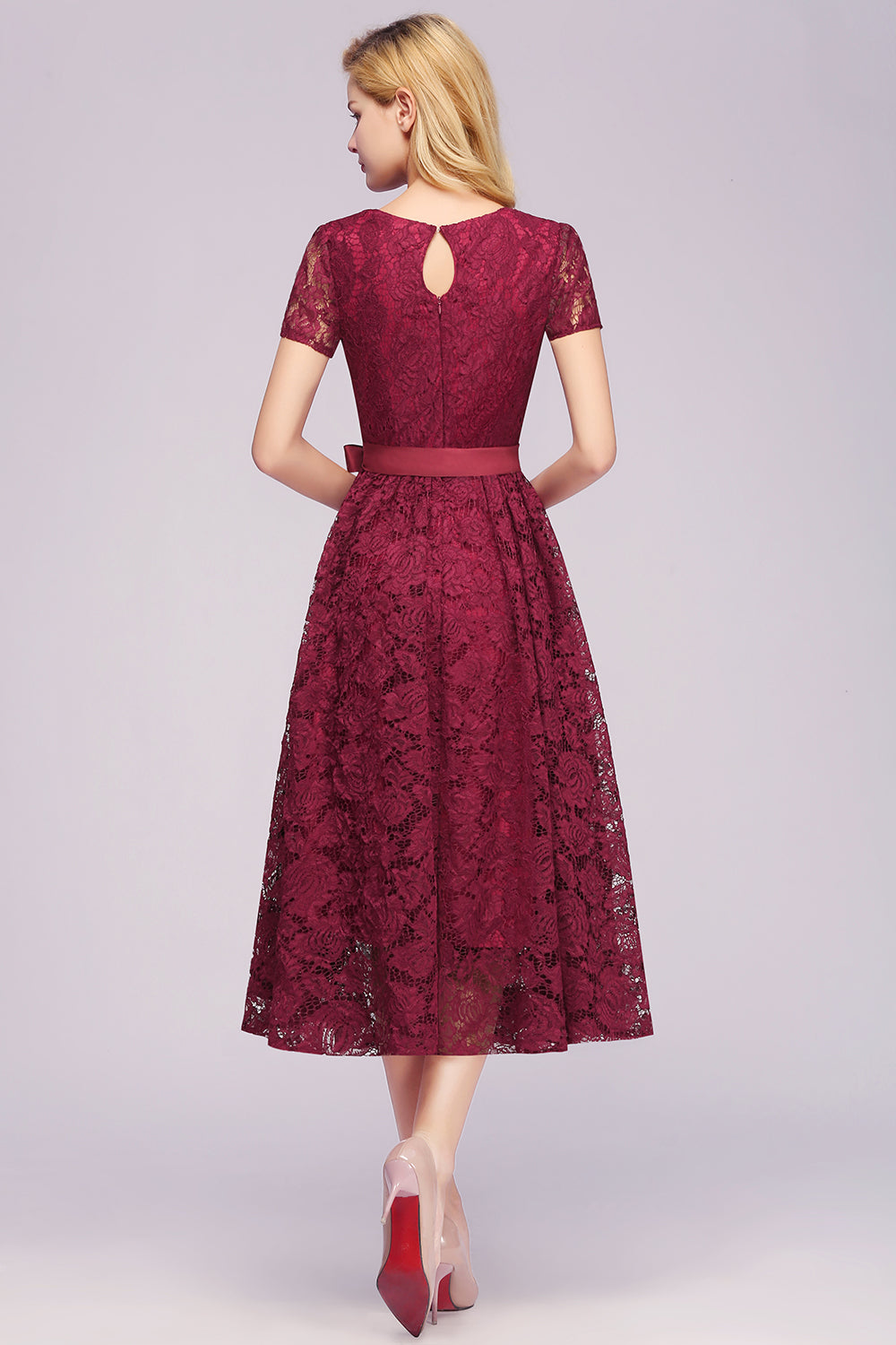 Burgundy V-Neck Lace A-Line Bridesmaid Dress Back View