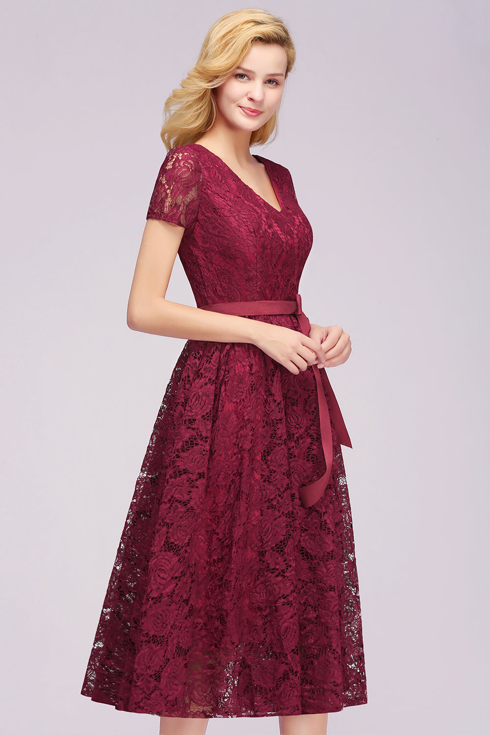 Burgundy V-Neck Lace A-Line Bridesmaid Dress Side View