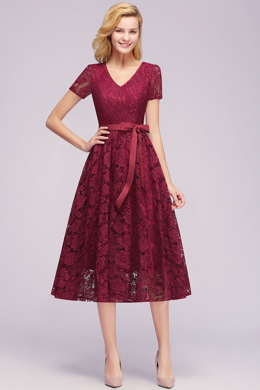 Burgundy V-Neck Lace A-Line Bridesmaid Dress