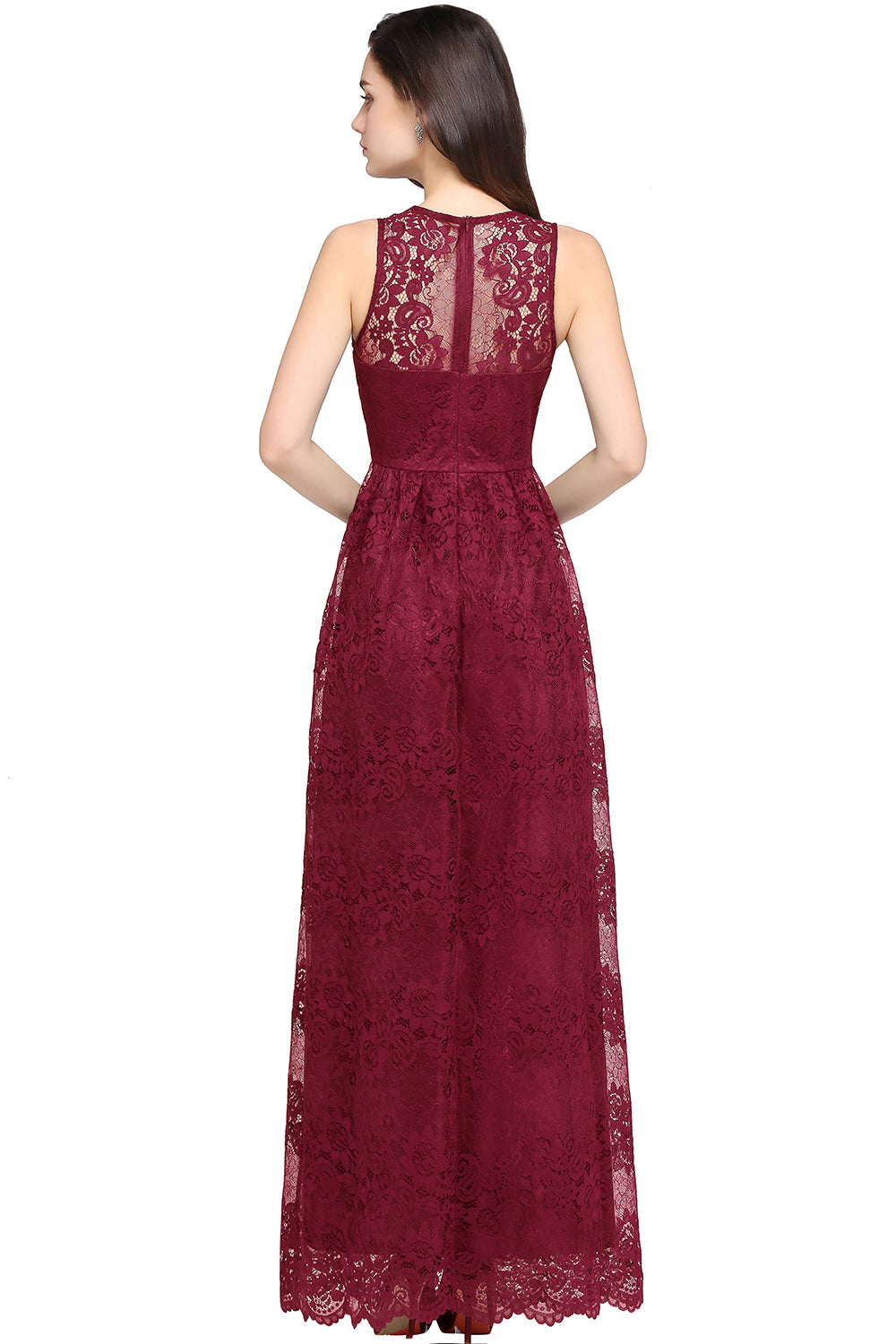 Burgundy V-Neck Lace A-Line Long Bridesmaid Dress Back View