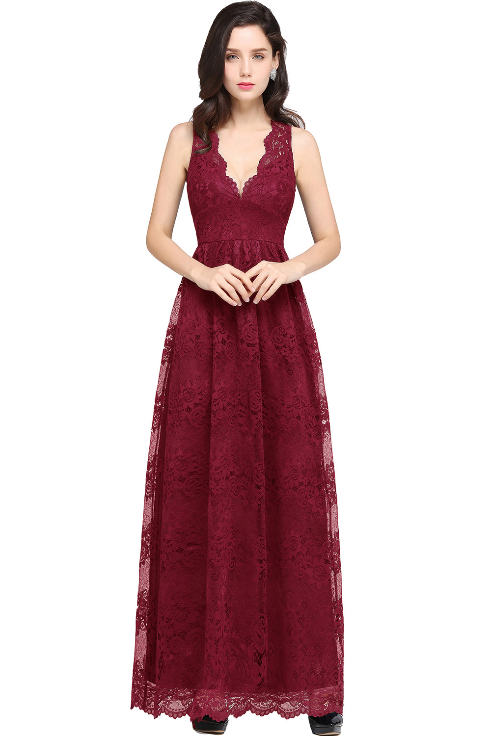 Burgundy V-Neck Lace A-Line Long Bridesmaid Dress