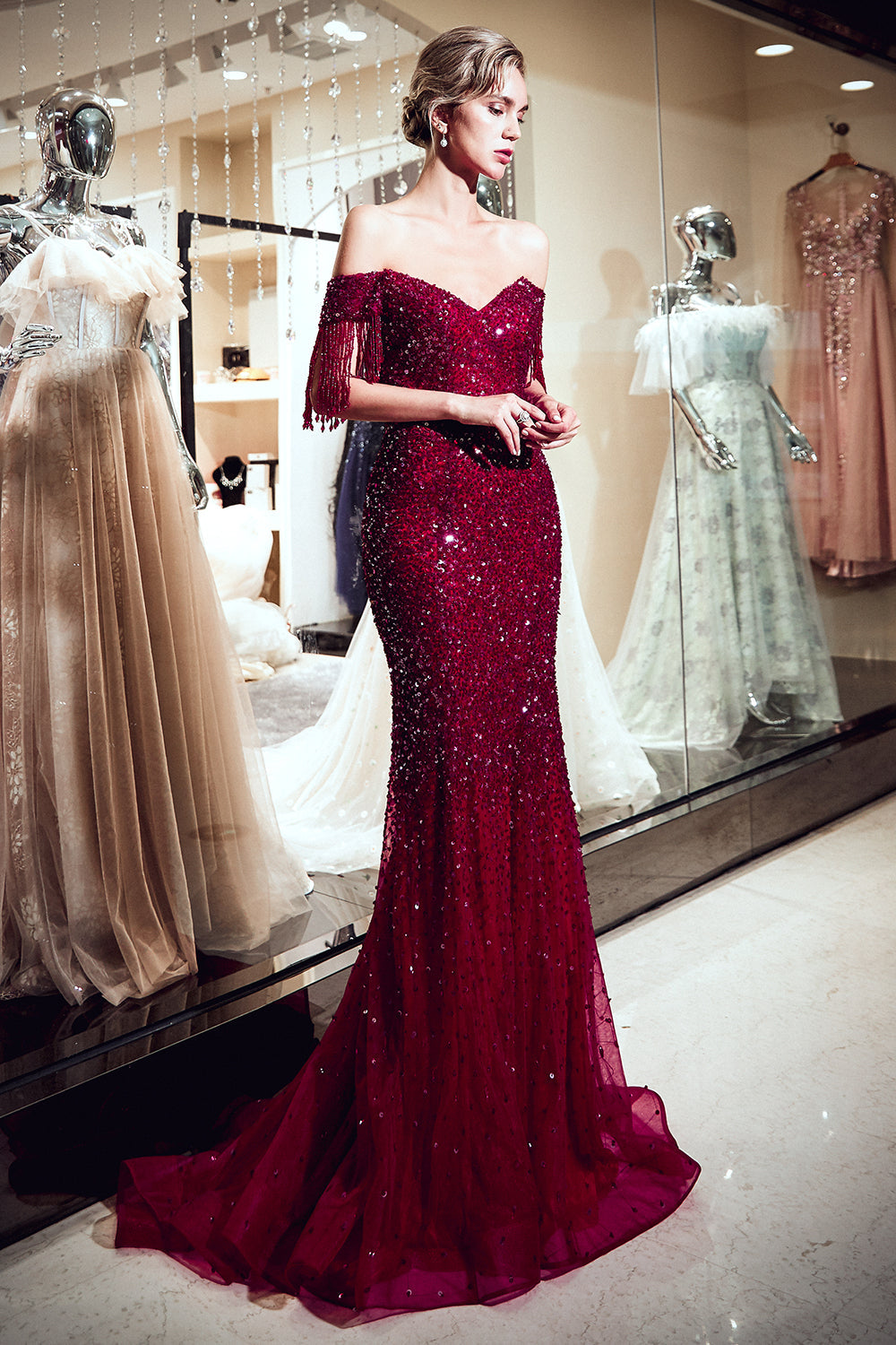 Burgundy V-Neck Sequin Mermaid Long Evening Dress with Beading