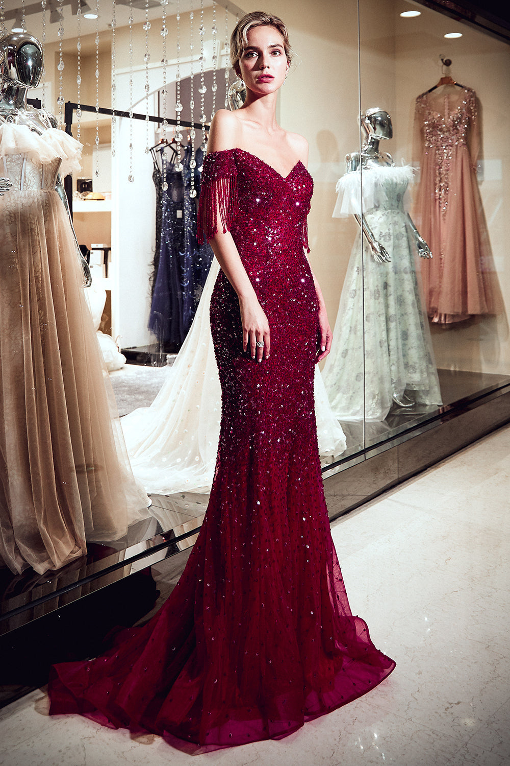 Burgundy V-Neck Sequin Mermaid Long Evening Dress with Beading