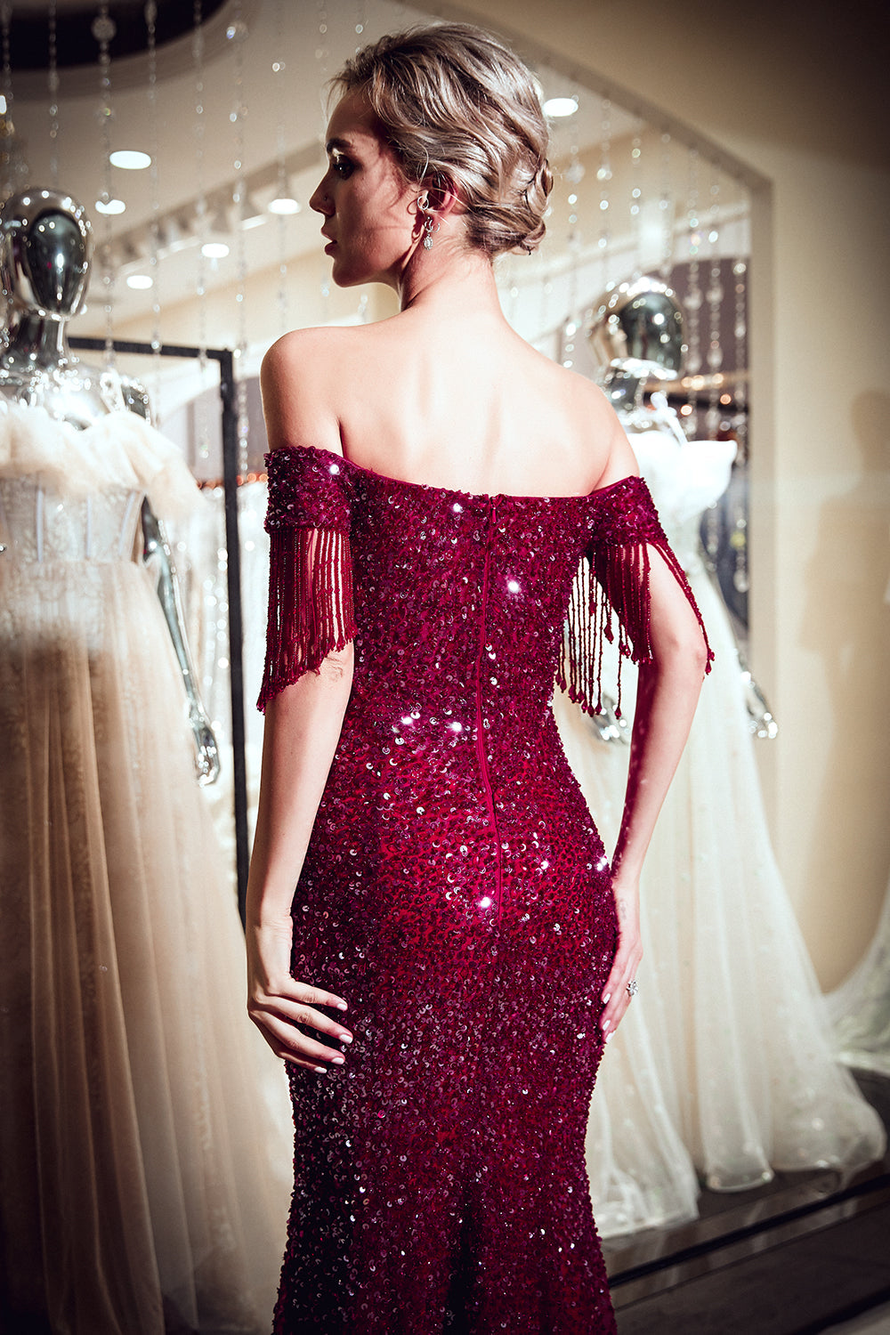 Burgundy V-Neck Sequin Mermaid Long Evening Dress with Beading Back Detail