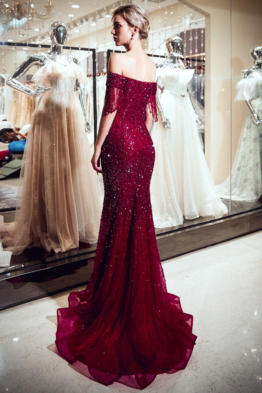 Burgundy V-Neck Sequin Mermaid Long Evening Dress with Beading Back View