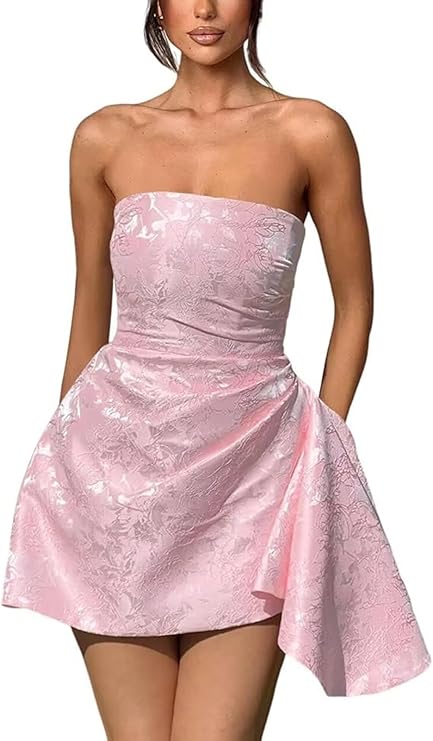 Short A-line Strapless Sleeveless Asymmetrical Lace up Jacquard Satin 27dress Short A-line Strapless Sleeveless Asymmetrical Lace up Jacquard Satin 27dress