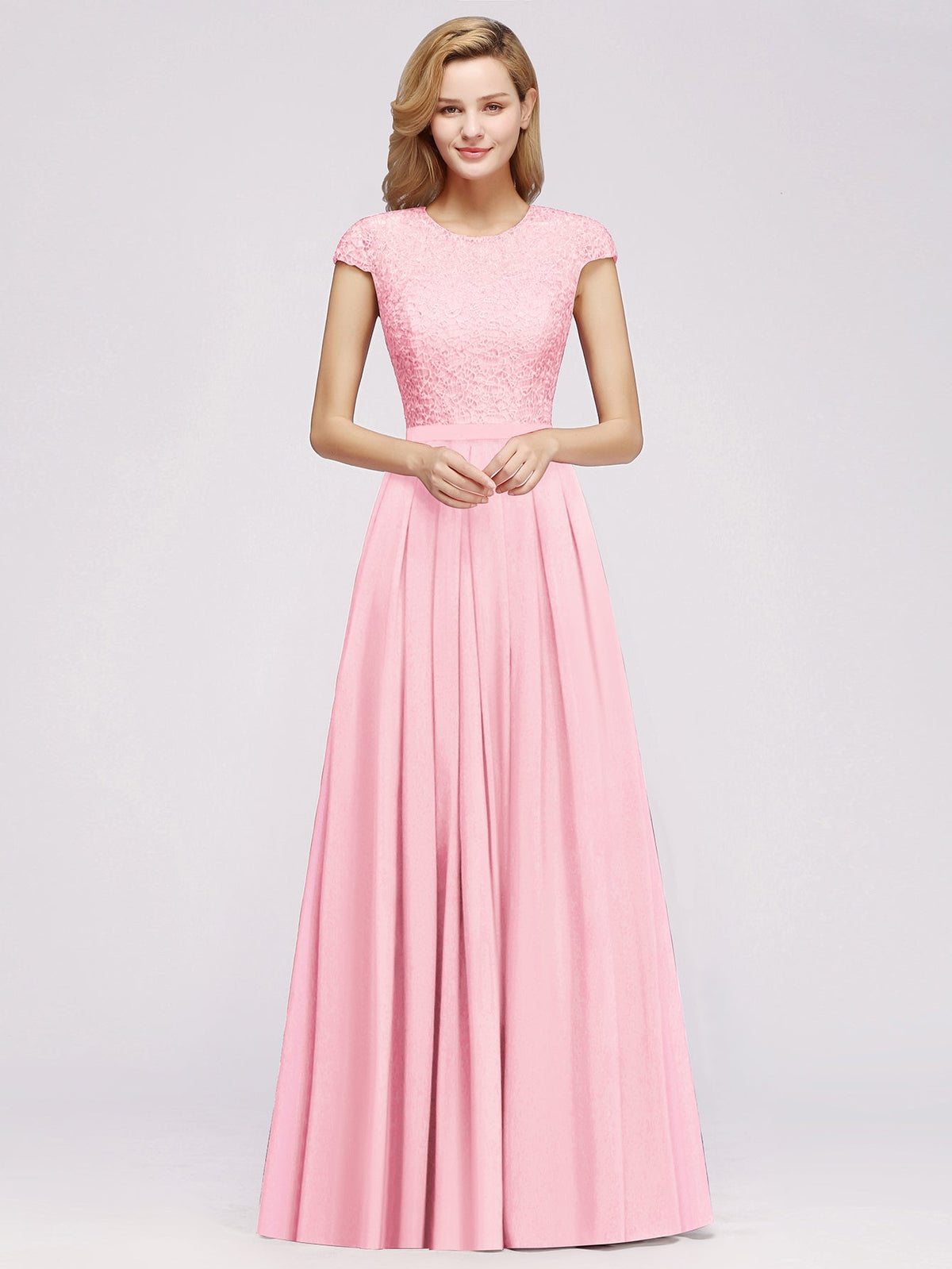 Long A-line Tulle Floral Lace Bridesmaid Dress with Cap Sleeves