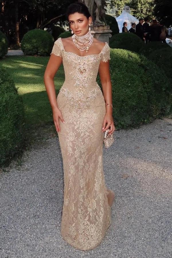 27Dress Cap Sleeve Sheath Long Lace Evening Dress with Rhinestones-1