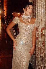 27Dress Cap Sleeve Sheath Long Lace Evening Dress with Rhinestones