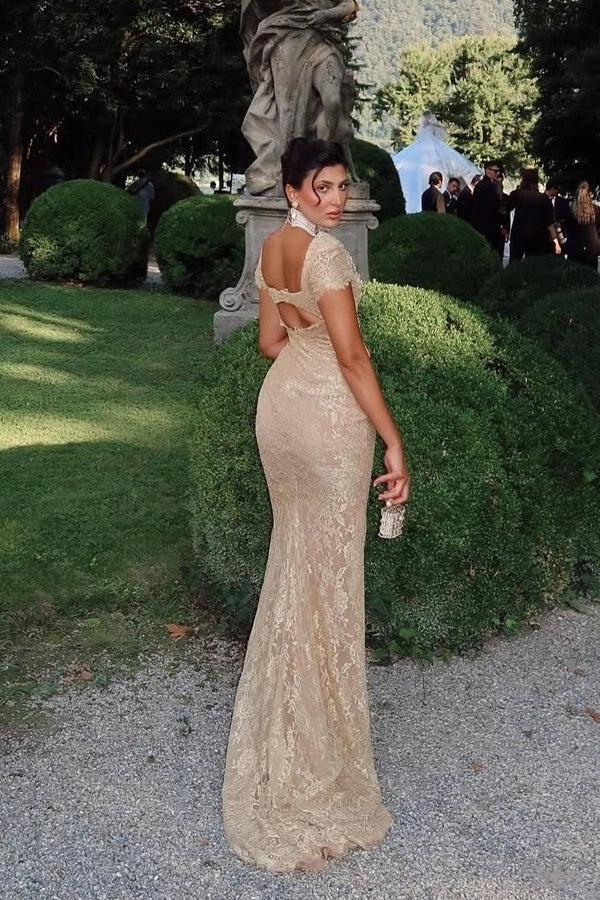 27Dress Cap Sleeve Sheath Long Lace Evening Dress with Rhinestones