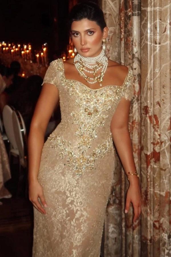 27Dress Cap Sleeve Sheath Long Lace Evening Dress with Rhinestones