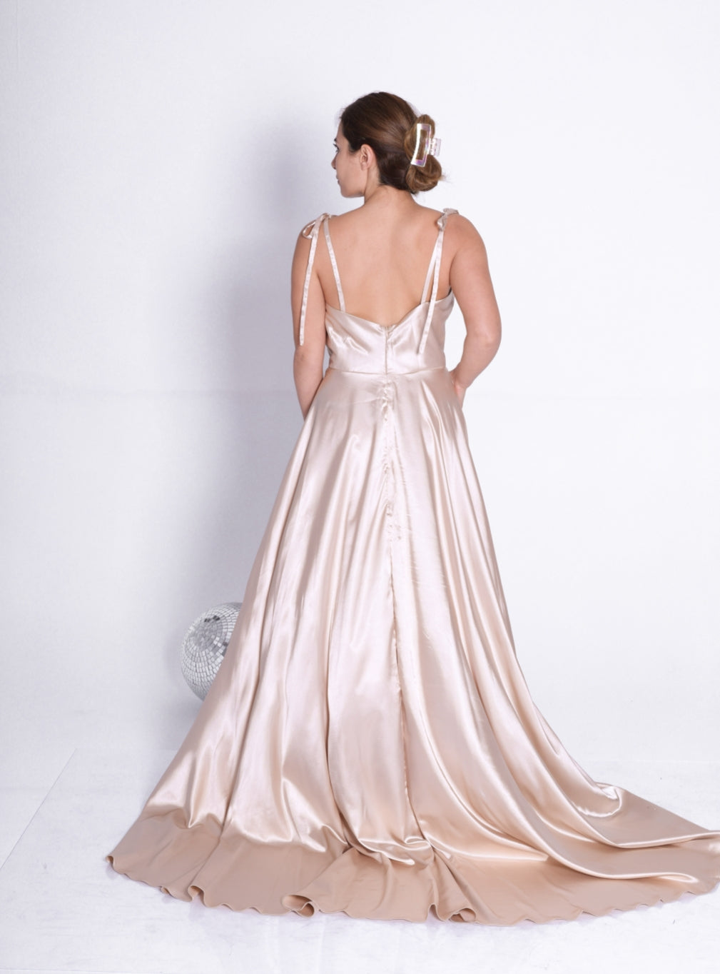 Champagne Cowl Neck Satin A-Line Long Prom Dress with Bow Back View