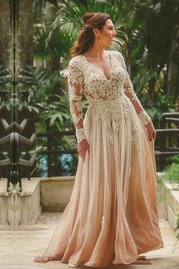 Champagne Deep V-Neck Chiffon A-Line Sweep Train Wedding Dress with Lace Appliques and Long Sleeves
