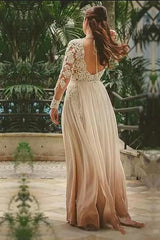 Champagne Deep V-Neck Chiffon A-Line Sweep Train Wedding Dress with Lace Appliques and Long Sleeves Back View