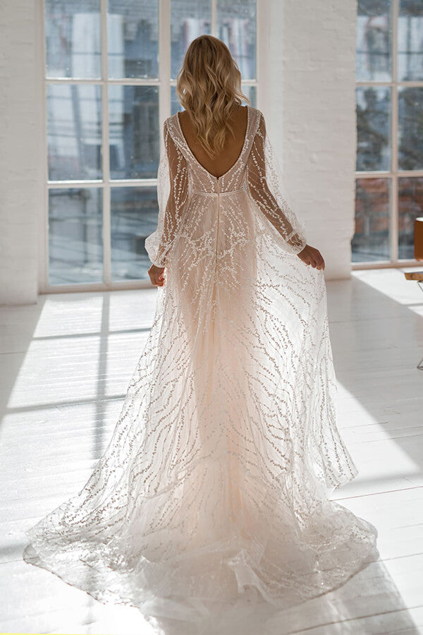 Champagne Deep V-Neck Sequin A-Line Sweep Train Wedding Dress with Long Sleeves Back View