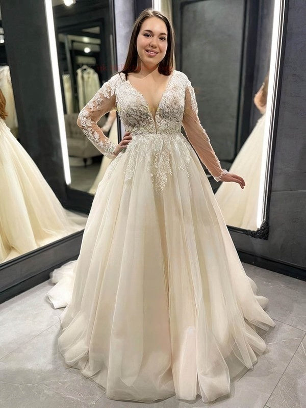 Champagne Deep V-Neck Tulle A-Line Sweep Train Wedding Dress with Lace Appliques and Long Sleeves